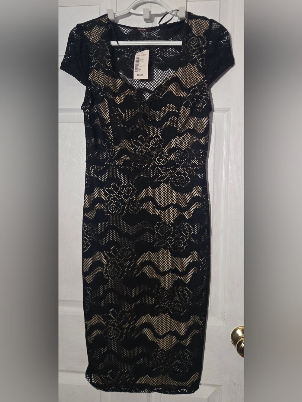 Love Culture Black Lace Overlay Midi Dress with Nude Lining